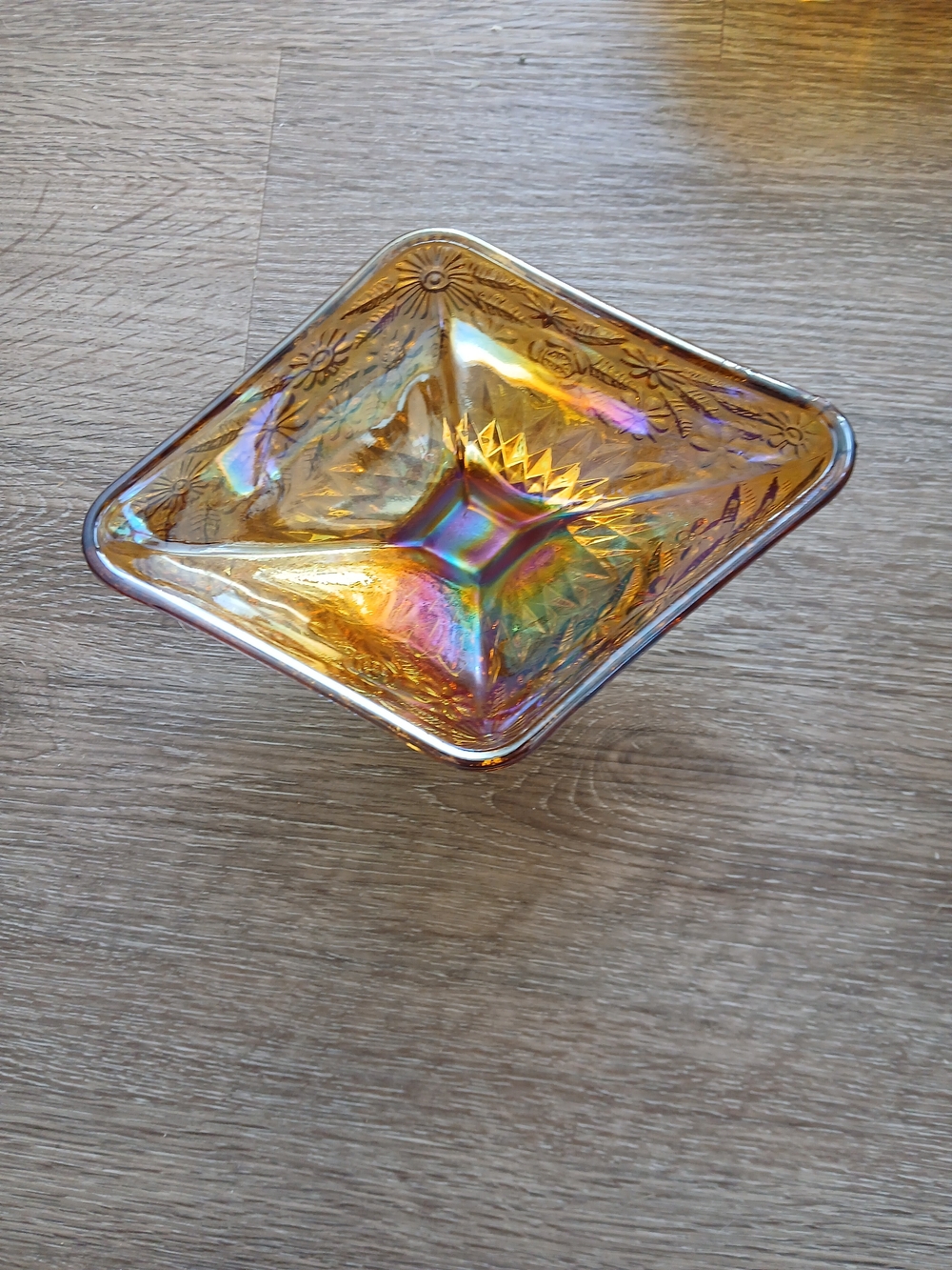 Iridescent Amber Carnival Glass Decorative Bowl/ Diamond Piedestal Bowl